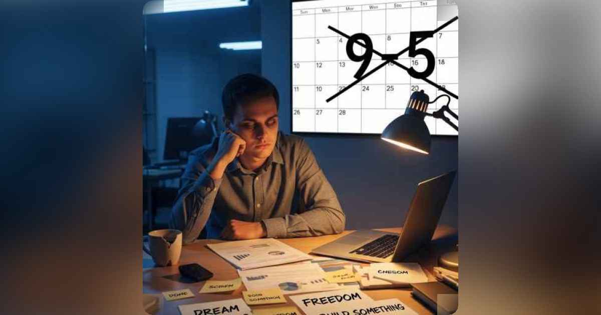 A tired professional working late at night on their laptop, illuminated by a warm desk lamp, symbolizing building a side hustle after work hours