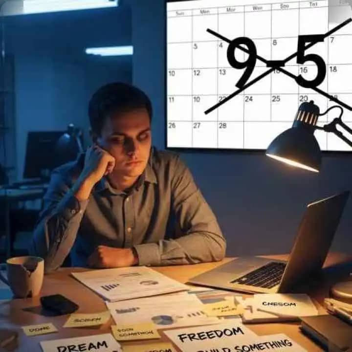 A tired professional working late at night on their laptop, illuminated by a warm desk lamp, symbolizing building a side hustle after work hours