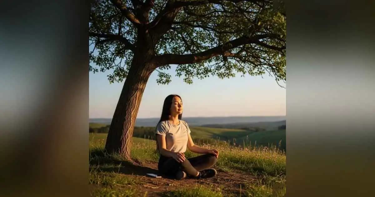 Woman sitting peacefully in nature with phone turned off beside her, reflecting calm and inner balance