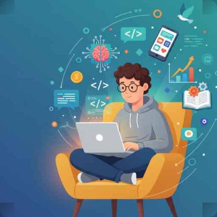 شاب يعمل على الكمبيوتر المحمول ويتعلم مهارة جديدة لبناء عمل جانبي