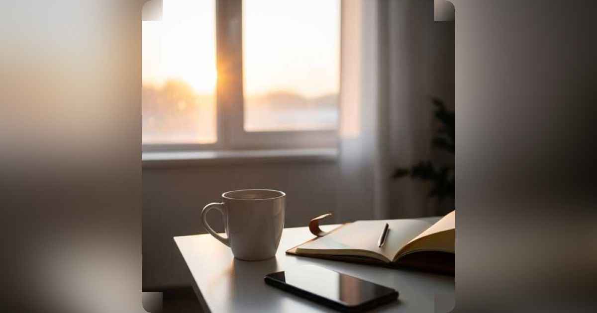 Morning calm setup with journal, tea, and sunlight representing peaceful habits