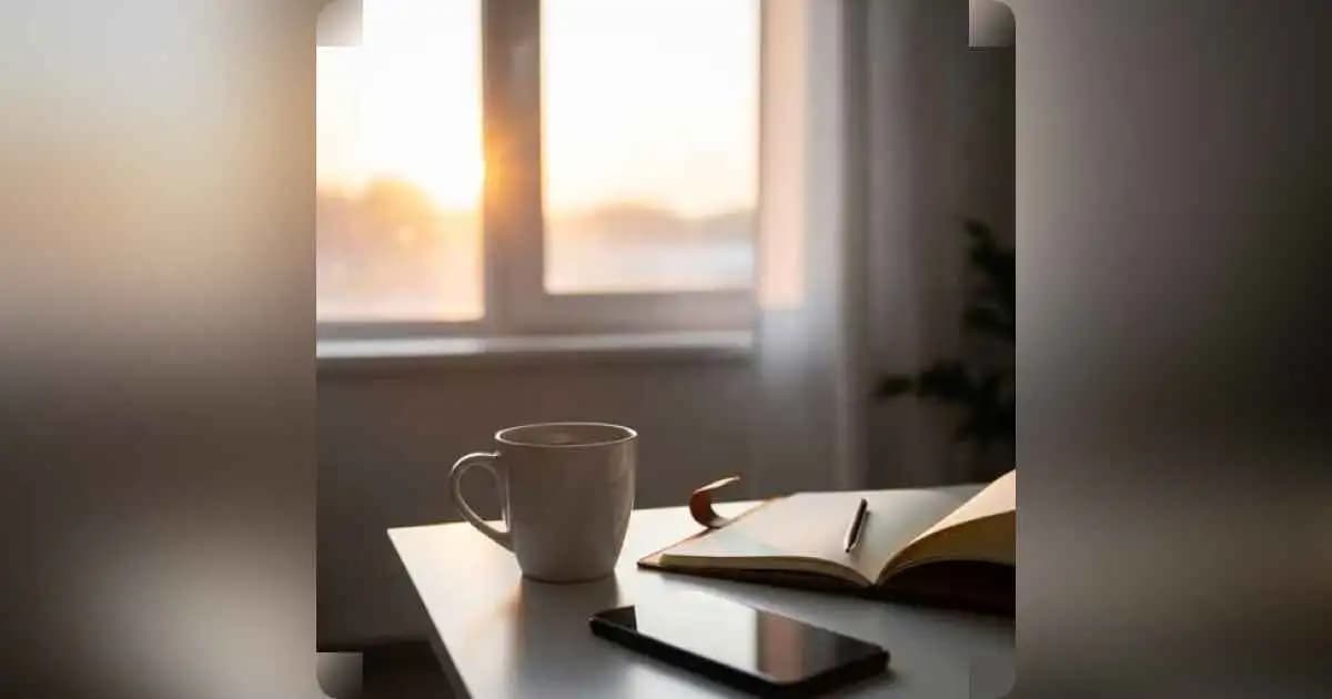 Morning calm setup with journal, tea, and sunlight representing peaceful habits
