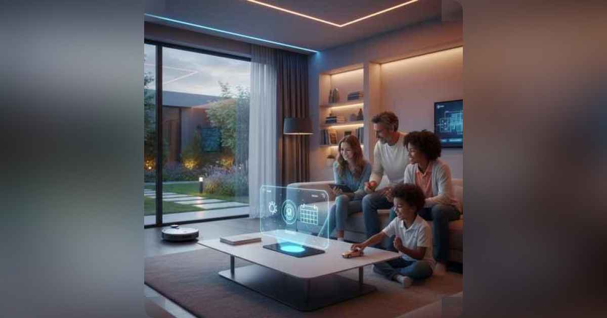 A futuristic smart home interior showing integrated devices like a voice assistant, smart lighting, and a security panel, with a family interacting seamlessly.