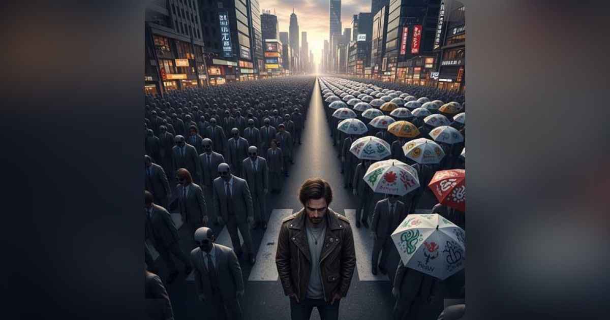 A person standing at a crossroads between conformity and individuality, urban background