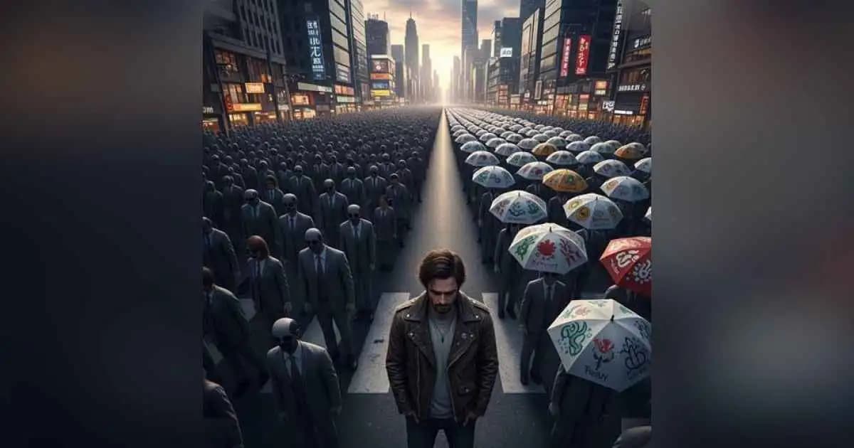 A person standing at a crossroads between conformity and individuality, urban background