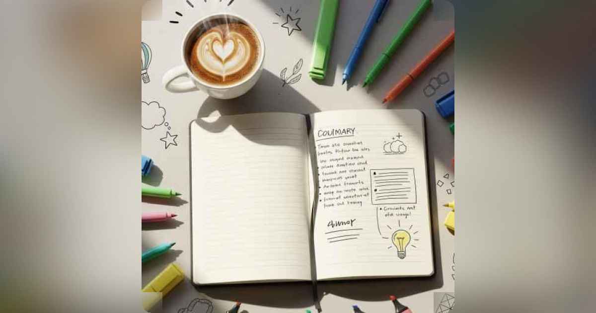 Artist regaining inspiration at desk with sketches, notebook, and coffee after overcoming creative block.