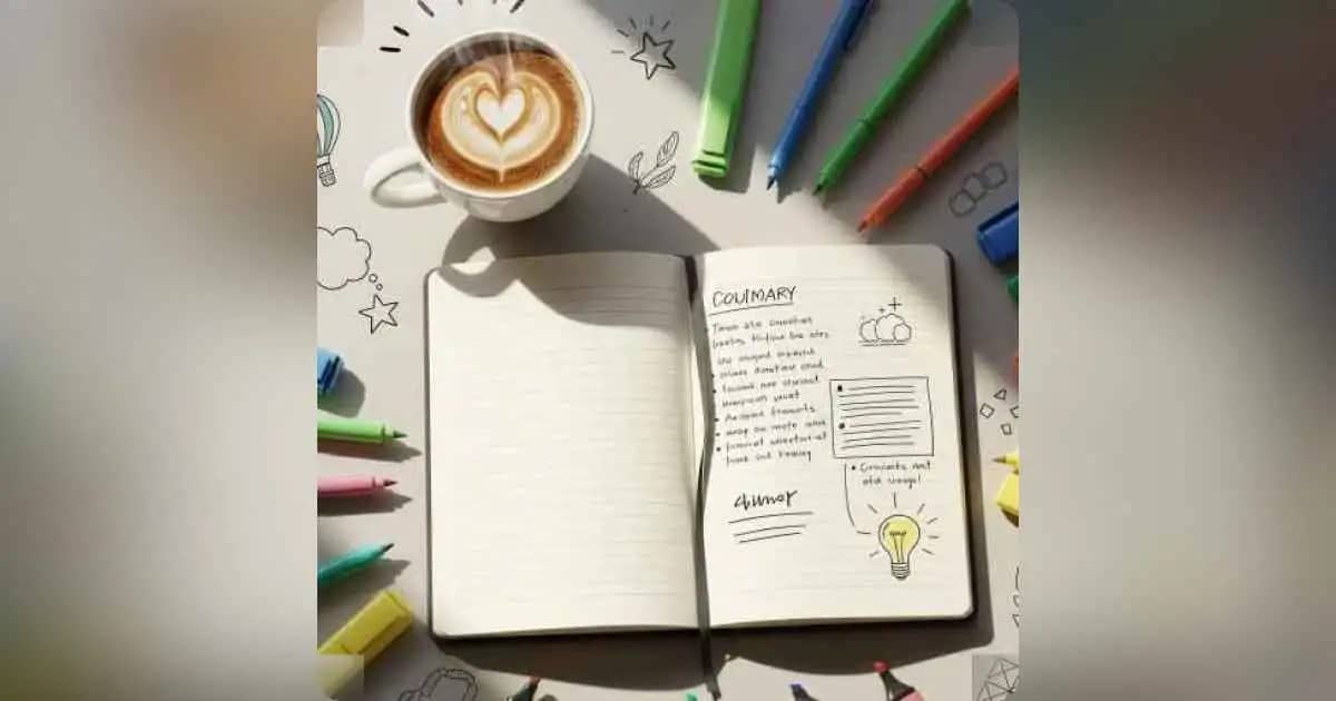 Artist regaining inspiration at desk with sketches, notebook, and coffee after overcoming creative block.