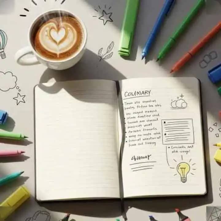 Artist regaining inspiration at desk with sketches, notebook, and coffee after overcoming creative block.