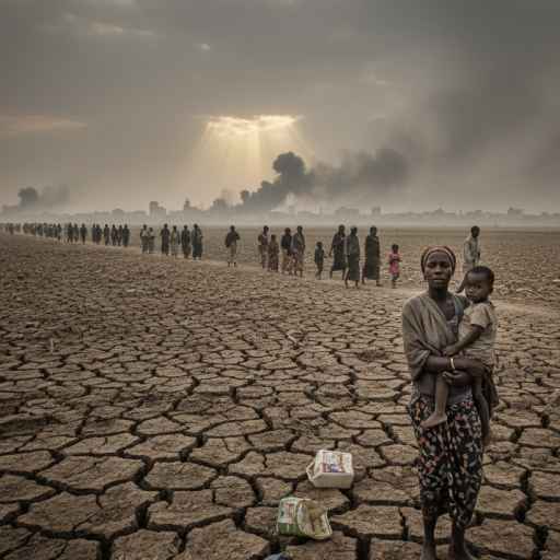 Displaced Sudanese families walking through a war-torn landscape under a dusty sky