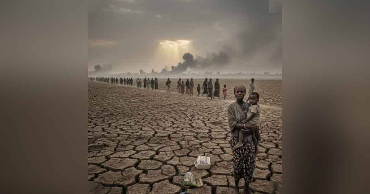 Displaced Sudanese families walking through a war-torn landscape under a dusty sky
