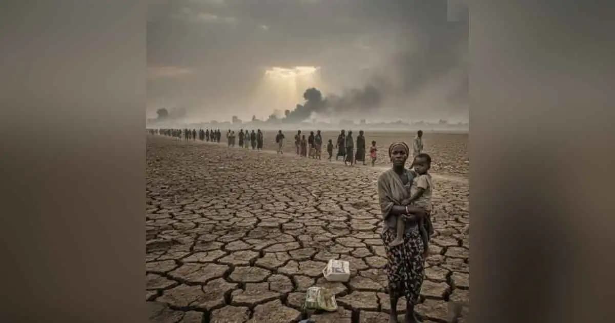 Displaced Sudanese families walking through a war-torn landscape under a dusty sky