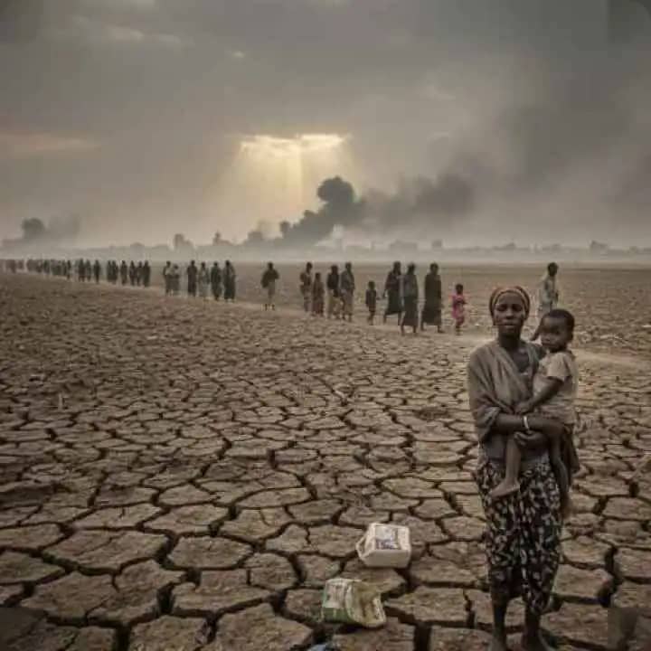 Displaced Sudanese families walking through a war-torn landscape under a dusty sky
