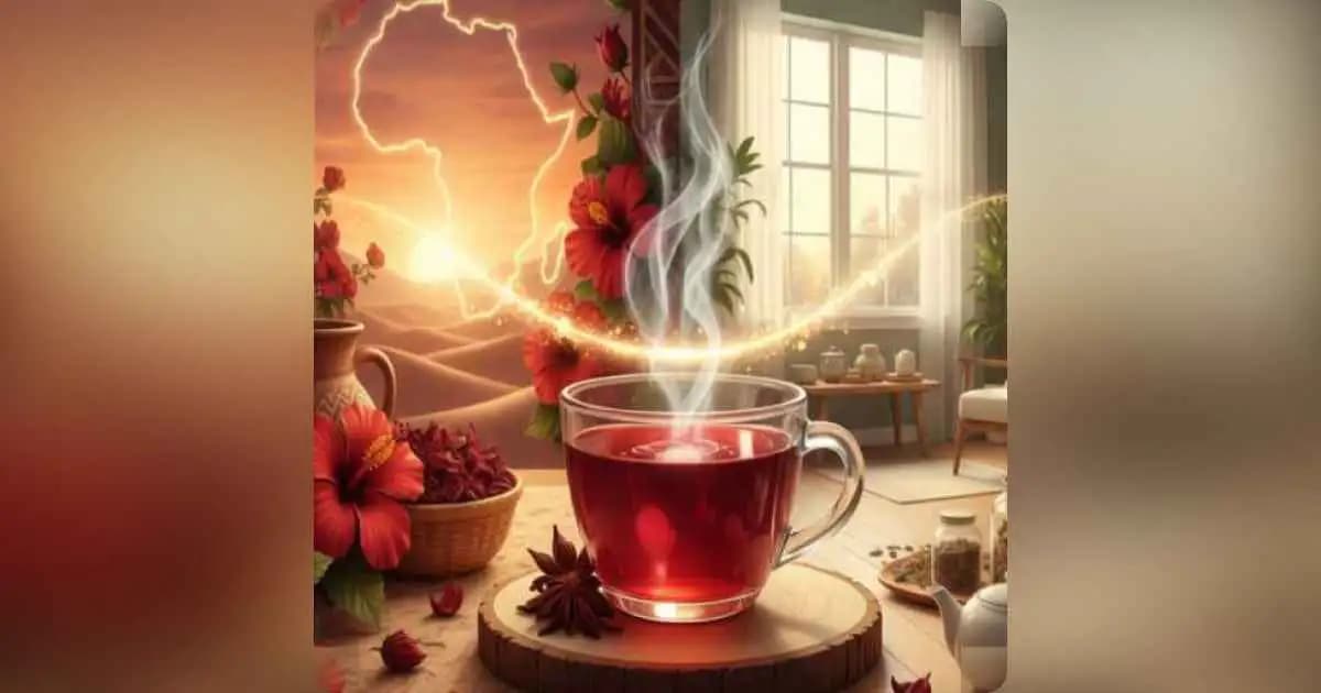 A cup of hibiscus tea symbolizing Sudanese wellness traditions blending with modern American lifestyle