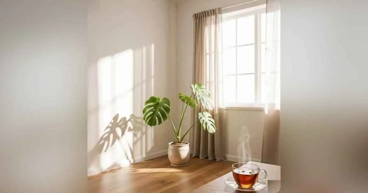 A serene minimalist room with soft natural light, a single plant, and a journal on a wooden table