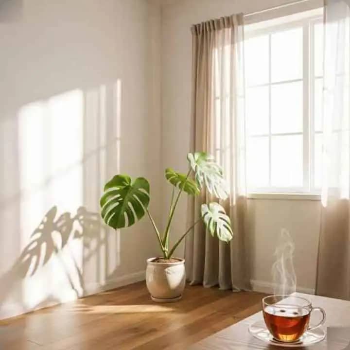 एक शांत मिनिमलिस्ट रूम जिसमें हल्की प्राकृतिक रोशनी, एक पौधा और लकड़ी की मेज पर जर्नल रखा है