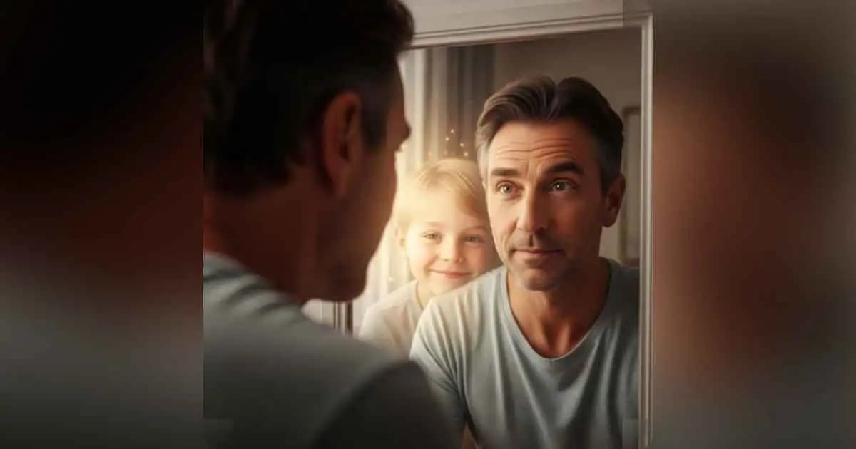 Adult reconnecting with inner child in mirror reflection