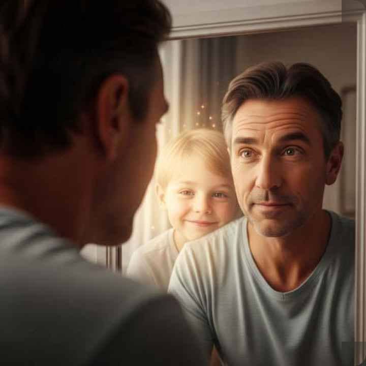 شخص بالغ يرى انعكاس طفله الداخلي في المرآة - رمز للشفاء والتواصل مع الذات
