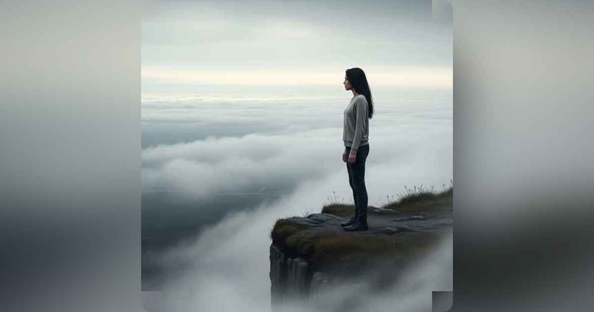 A person standing alone on a foggy cliff, symbolizing emotional isolation and mental clarity