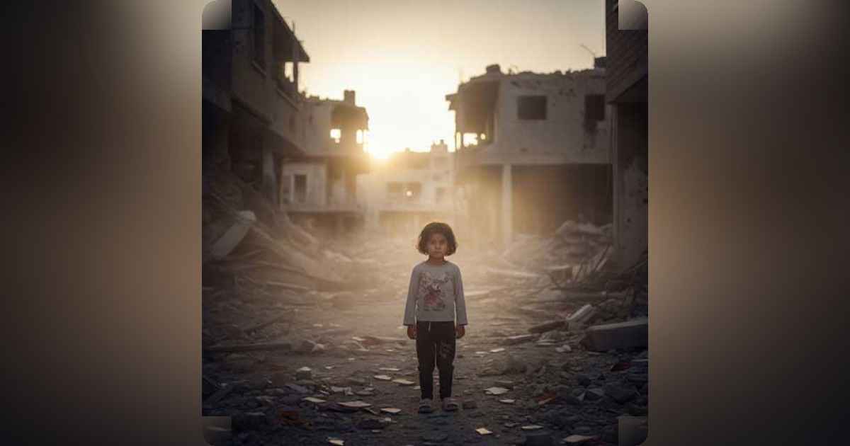 A child standing amidst rubble in Gaza, gazing into the distance