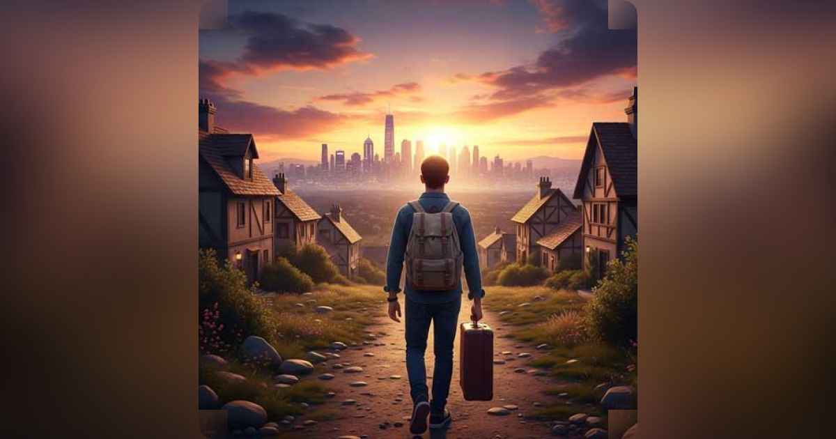 Young migrant walking through an open landscape with a suitcase and fading homeland in the background