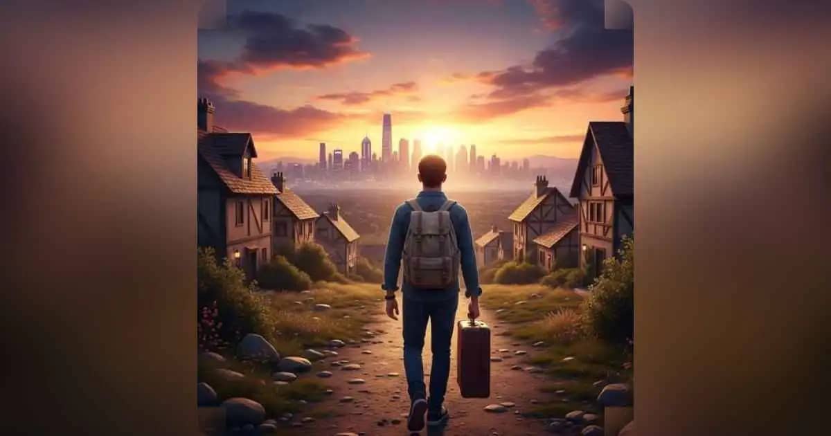 Young migrant walking through an open landscape with a suitcase and fading homeland in the background