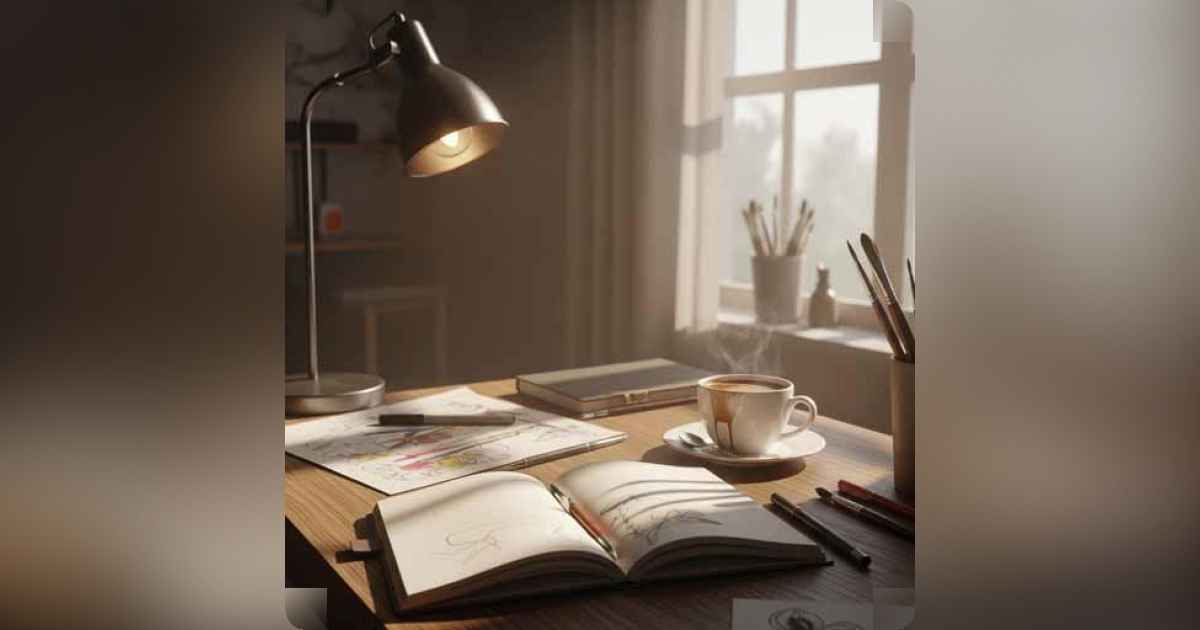 A creative person sketching in a journal with coffee and messy desk around.