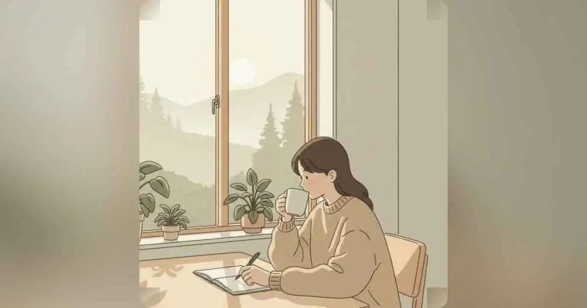 Calm minimalist illustration of a person enjoying a slow morning with coffee and sunlight