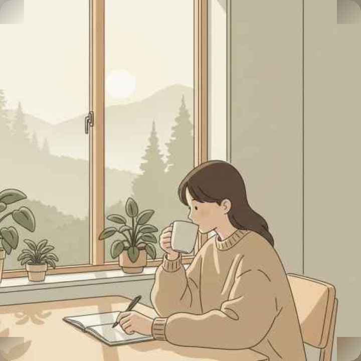 رسم توضيحي هادئ لشخص يستمتع بصباح بطيء مع فنجان قهوة وضوء طبيعي