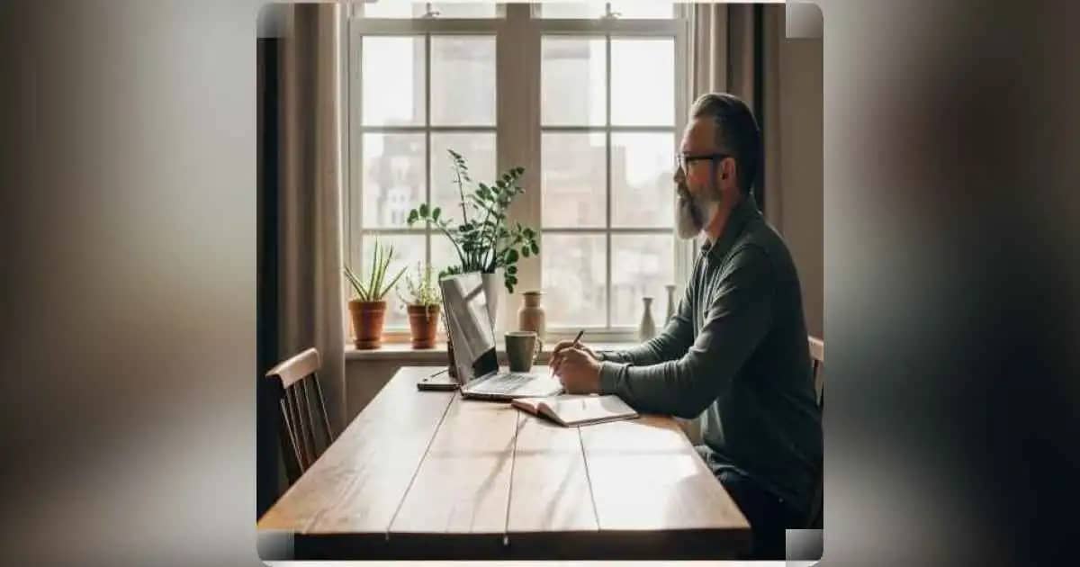 A person sitting alone in soft light, journaling beside a calm window - symbolizing inner stillness and self reflection