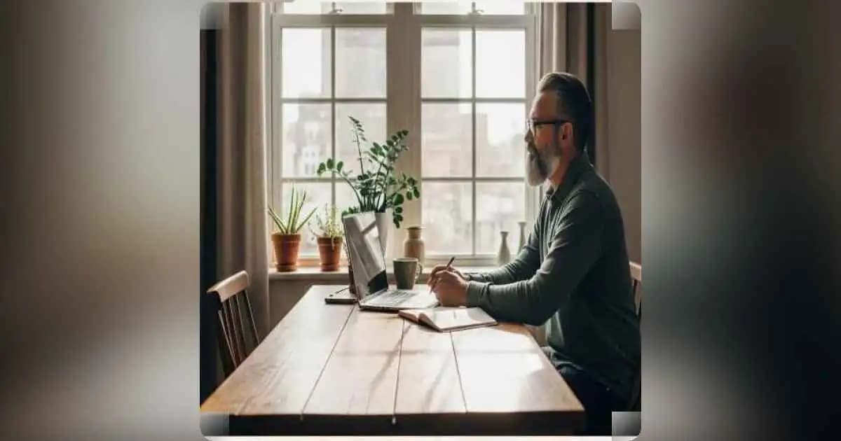 A person sitting alone in soft light, journaling beside a calm window - symbolizing inner stillness and self reflection