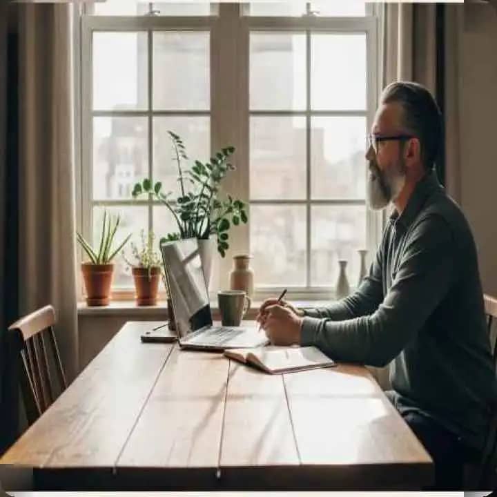 A person sitting alone in soft light, journaling beside a calm window - symbolizing inner stillness and self reflection