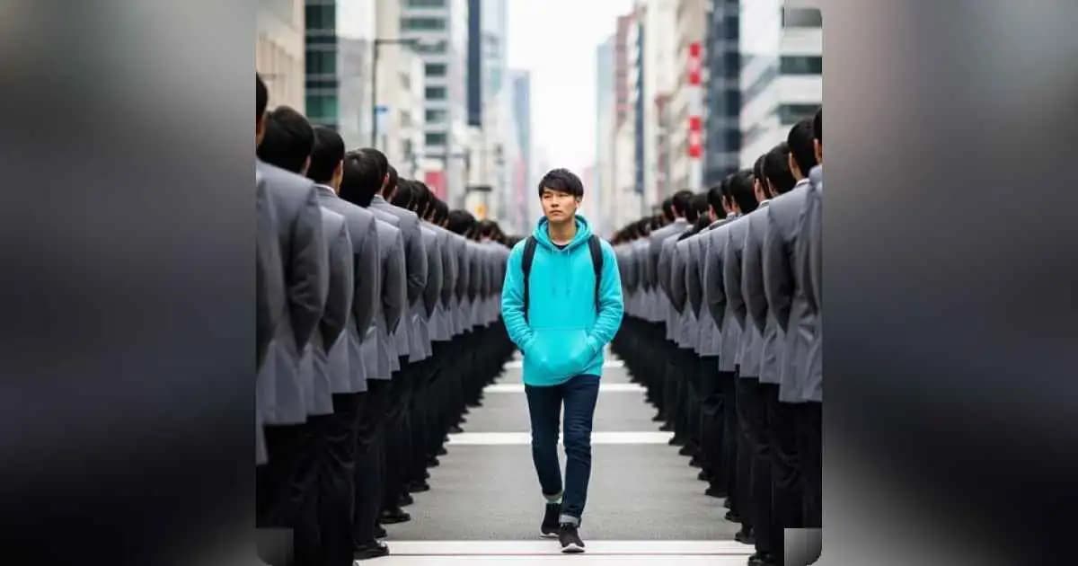 Person standing out from the crowd, challenging societal norms