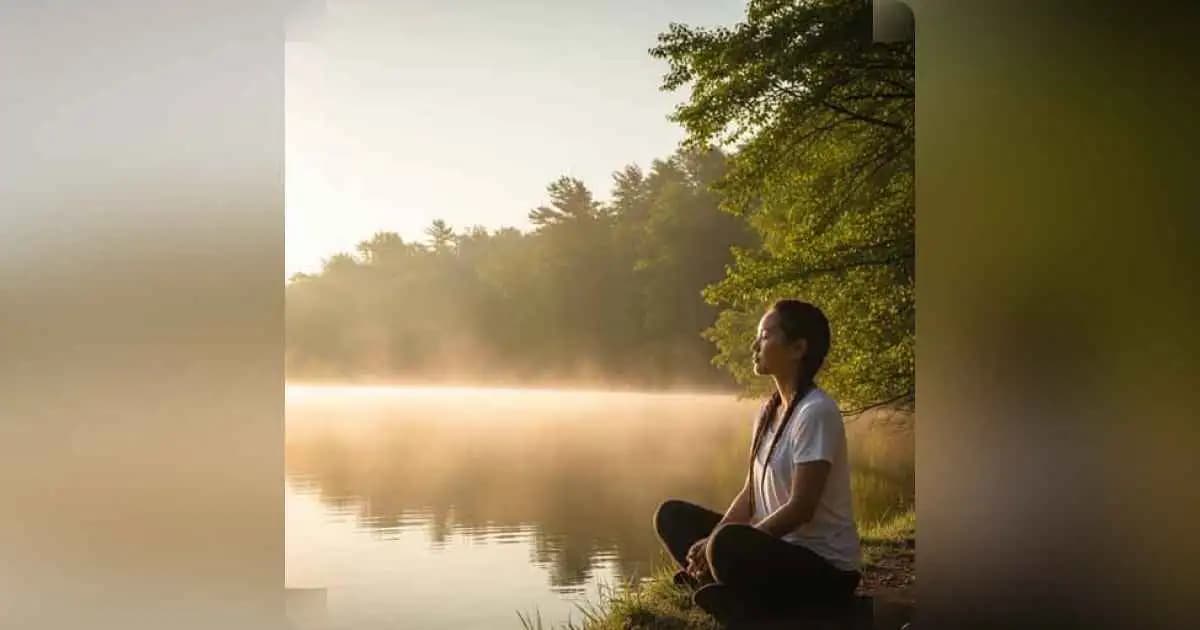 A person meditating peacefully by a lake at sunrise
