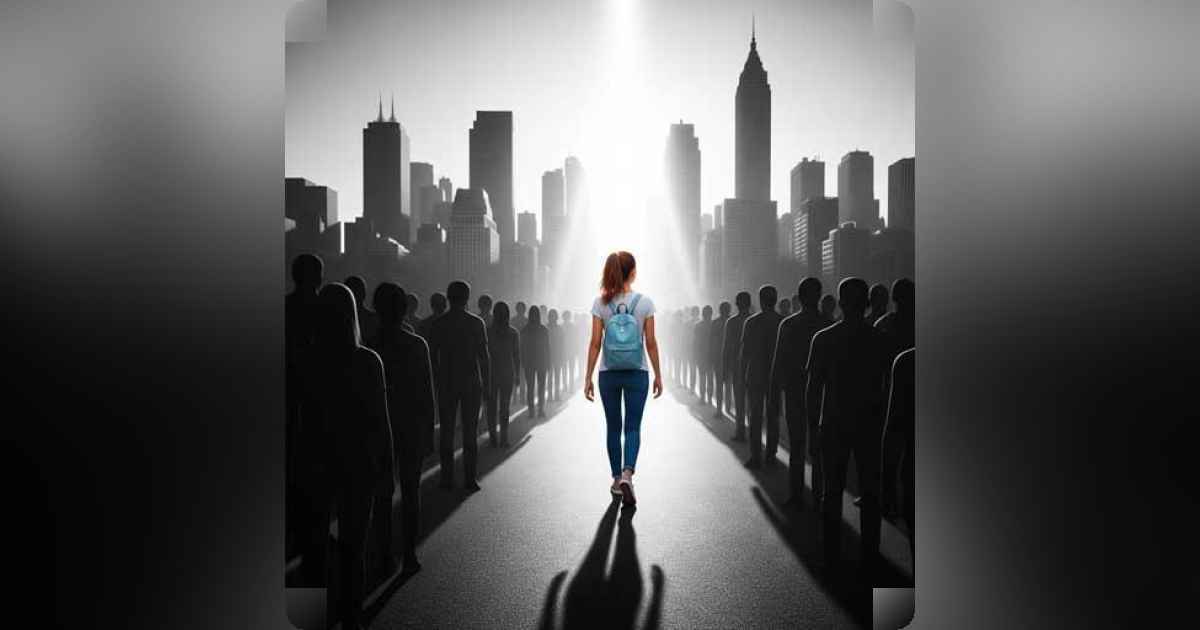Person walking away from a crowd, symbolizing individuality