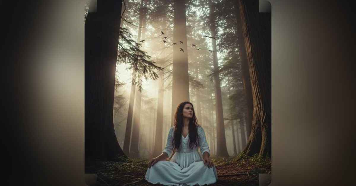 Person sitting alone in a quiet forest at dawn, surrounded by mist