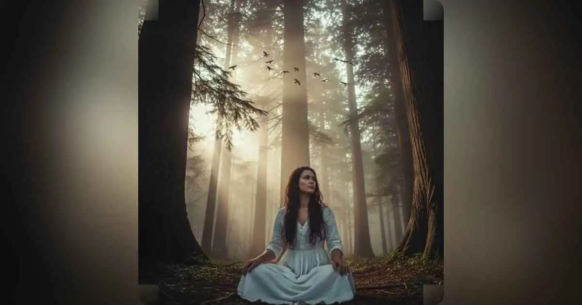 Person sitting alone in a quiet forest at dawn, surrounded by mist