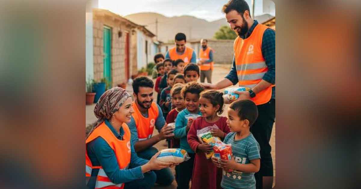 Volunteers distributing food packages to children in need