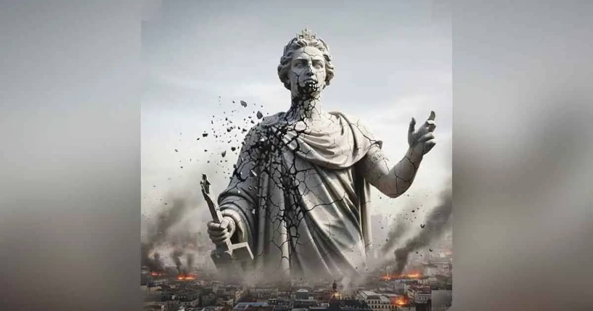 A fractured globe with fading images of world leaders and media icons