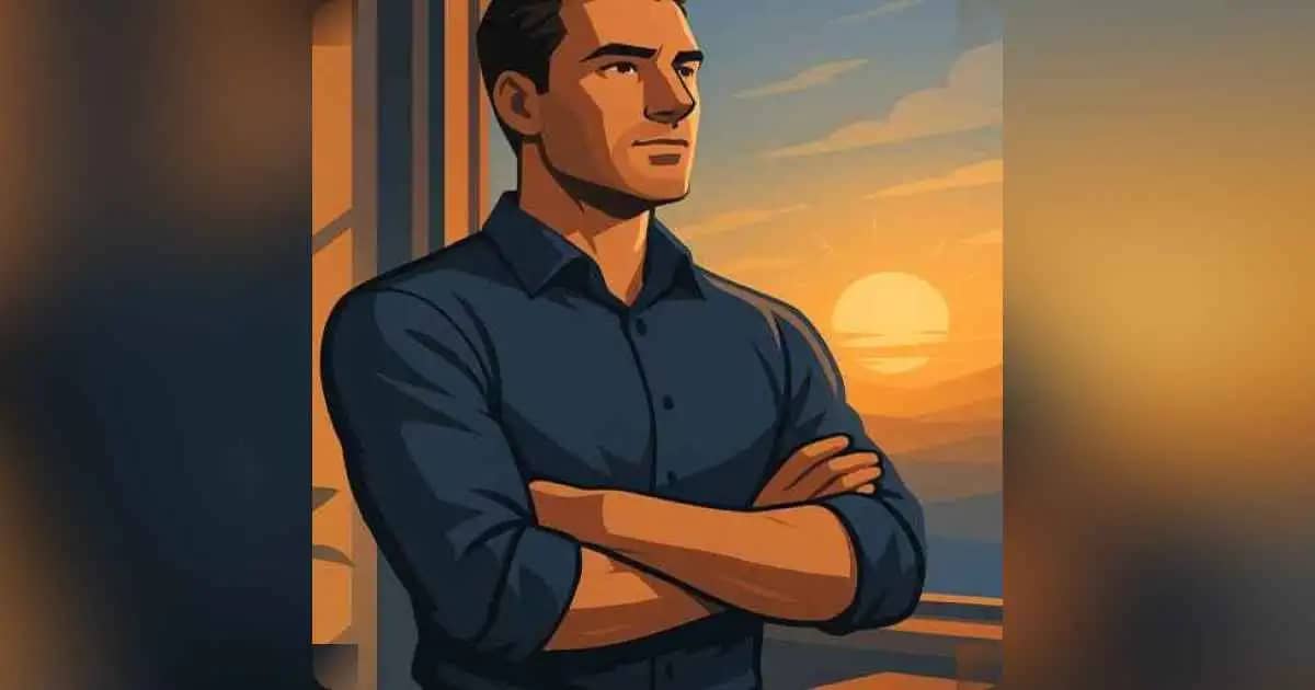 Man standing confidently near sunrise with a Clarity Map book on desk