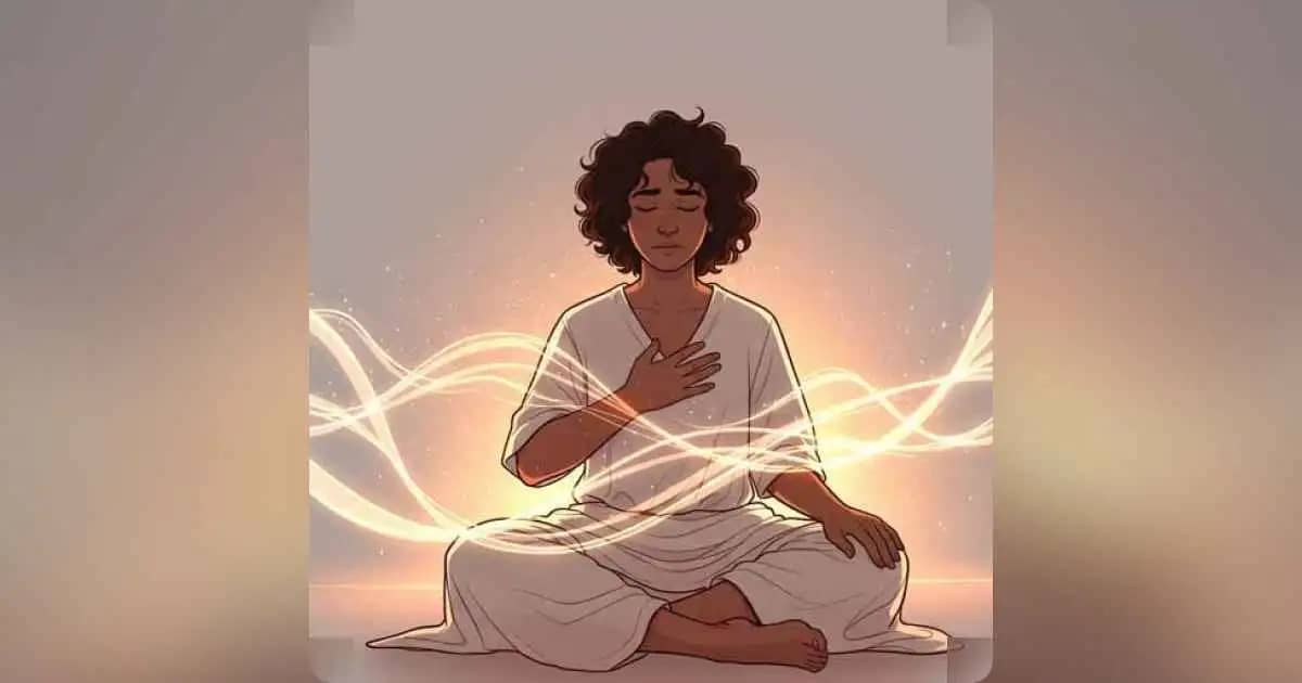 एक व्यक्ति जो अपने दिल पर हाथ रखकर शांत माहौल में बैठा है और अपनी भावनाओं को महसूस कर रहा है।