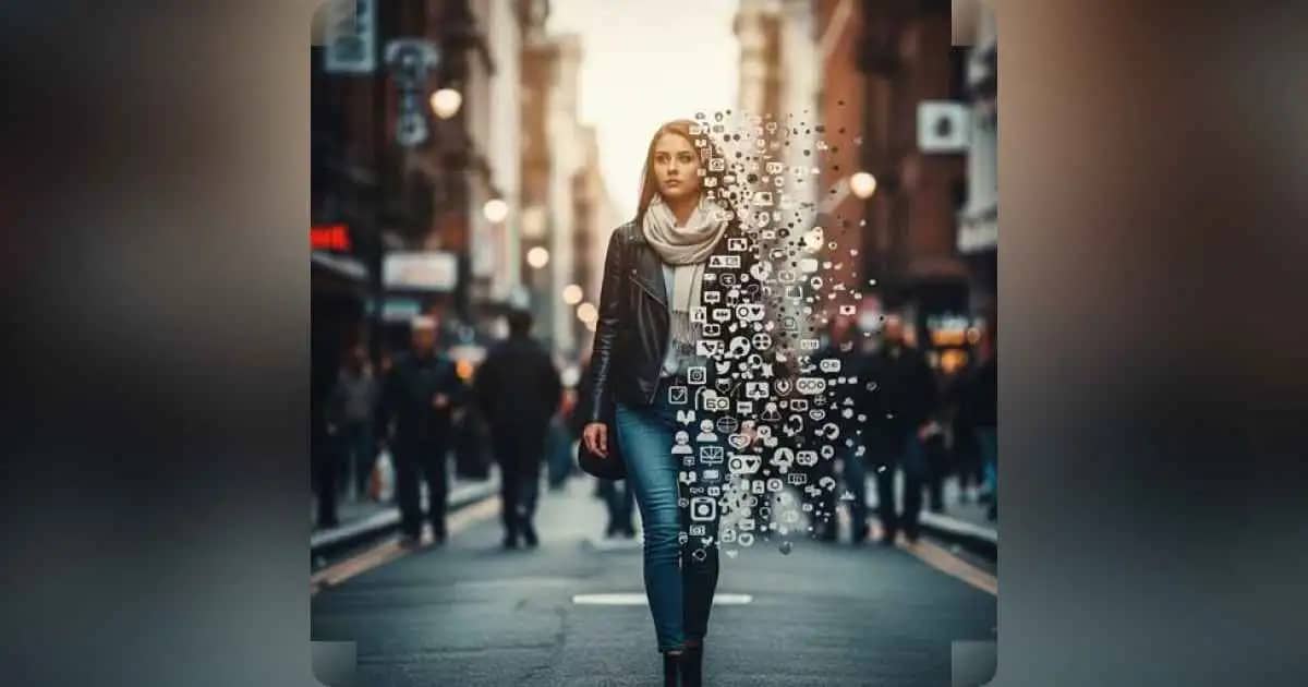 A person walking through a crowded street, fading into silhouettes of expectations