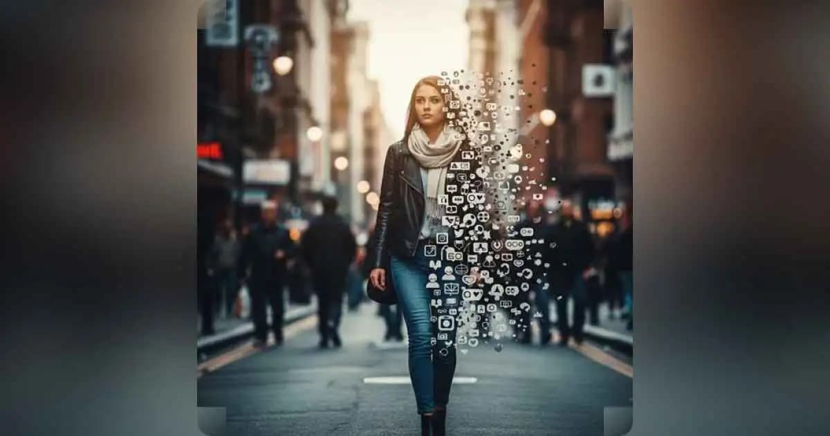 A person walking through a crowded street, fading into silhouettes of expectations