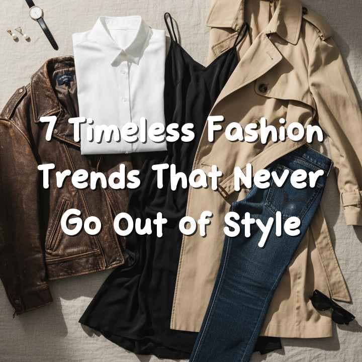 Timeless fashion essentials including little black dress, denim, blazer, trench coat and classic accessories