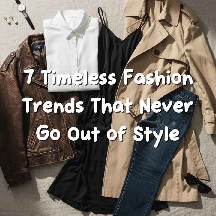 Timeless fashion essentials including little black dress, denim, blazer, trench coat and classic accessories