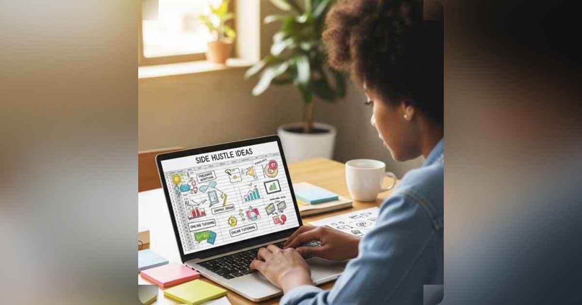 Person working on a laptop with side hustle ideas displayed