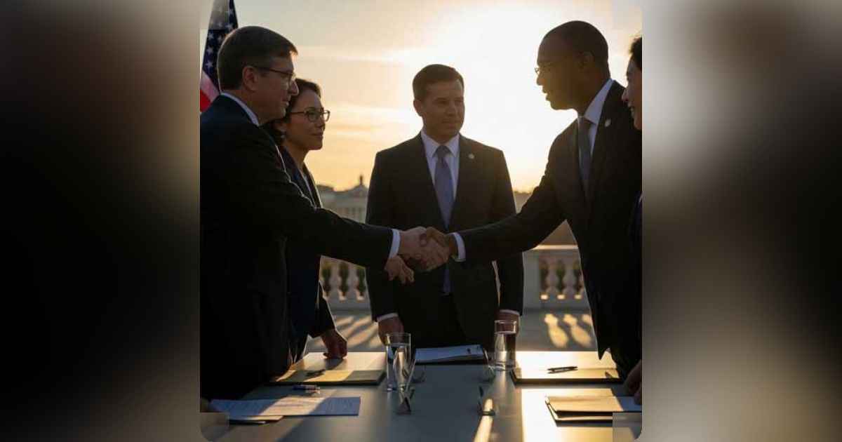 Diplomatic leaders shaking hands over a ceasefire table