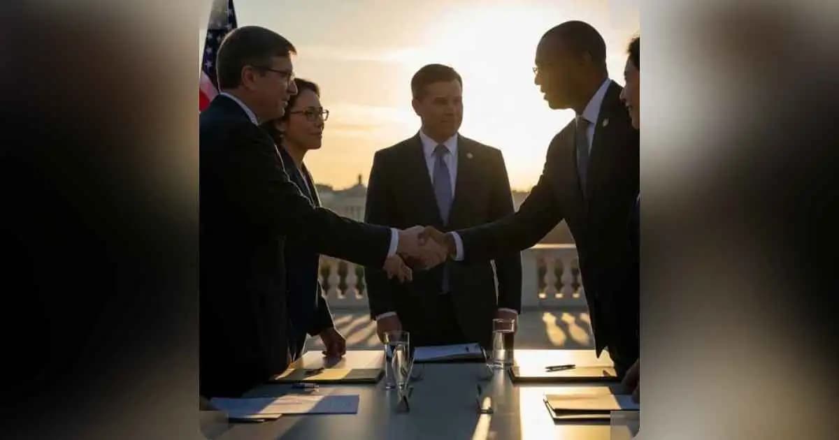 Diplomatic leaders shaking hands over a ceasefire table