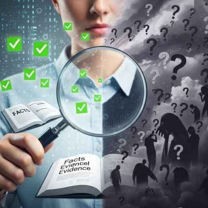 Person comparing truth and myth with scales of justice and magnifying glass