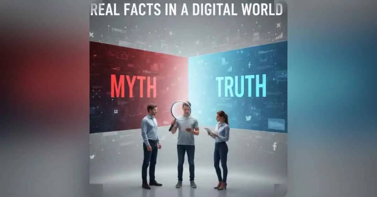 एक व्यक्ति समाचार की सच्चाई को आवर्धक कांच से जांचते हुए