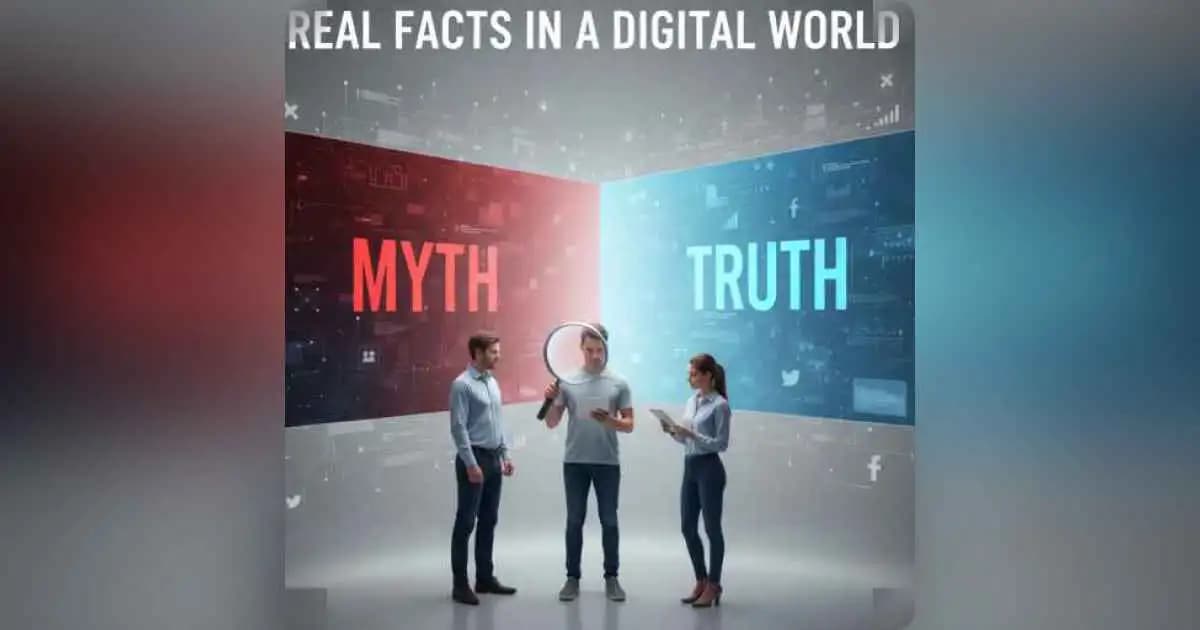 A person analyzing fake news headlines through a magnifying glass symbolizing truth vs myth